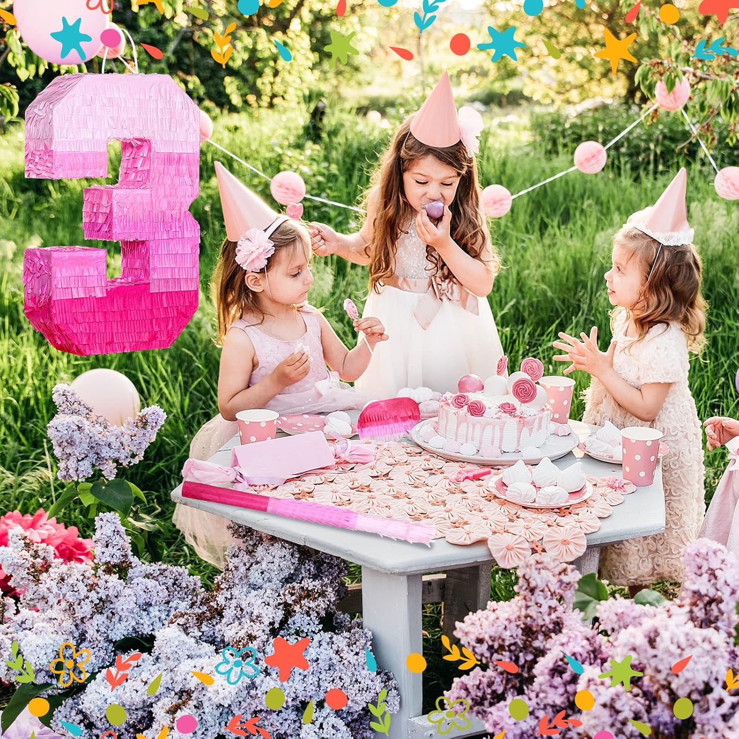 Sratte Number Piñata Pink Piñata Birthday Decorations Gradient with Stick Blindfold Confetti for Girls Boys Birthday Anniversary Party Decorations Supplies(Number 3)